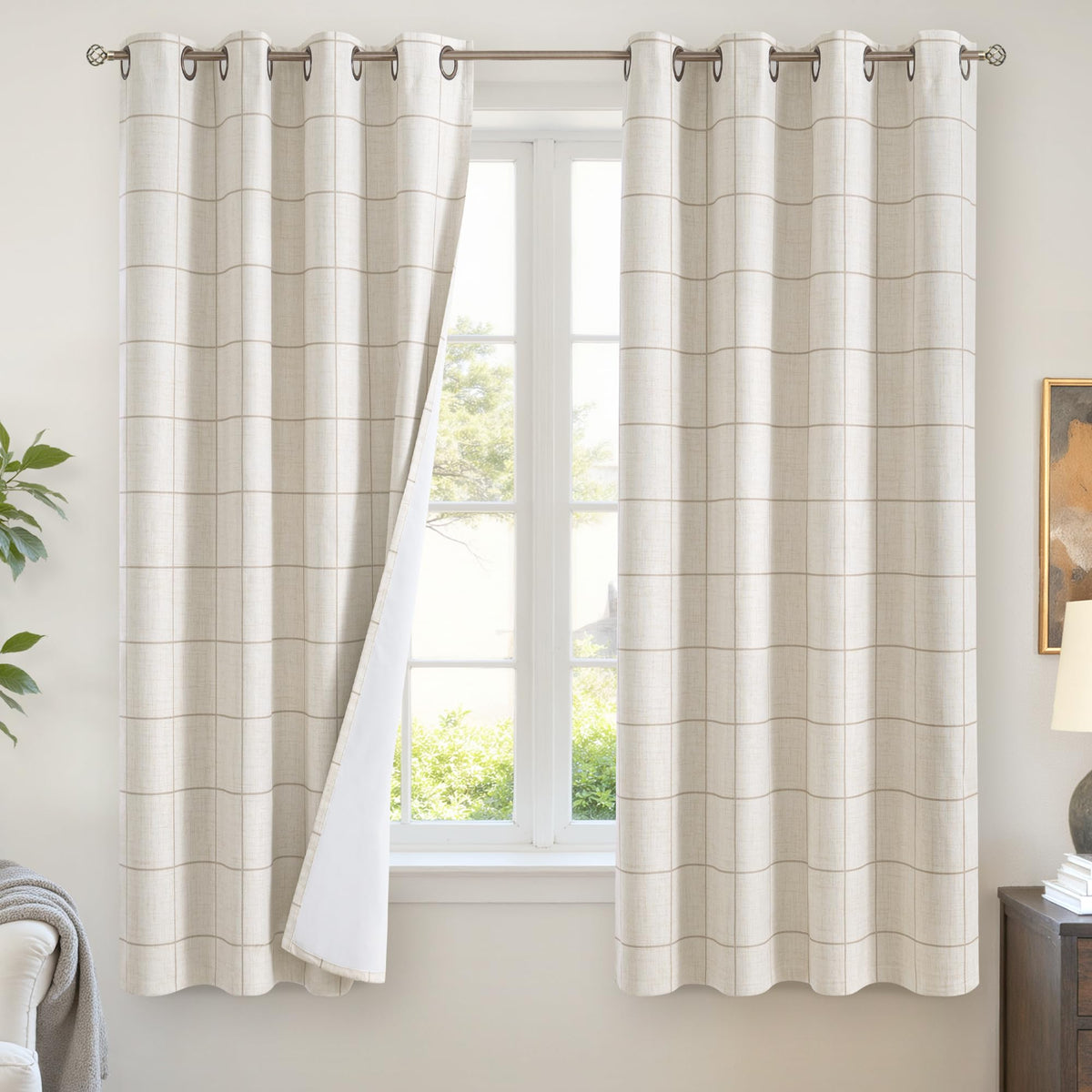 Lajode Linen Blackout Curtains - Boho Plaid 52x84 Inch 2 Panels, Natural