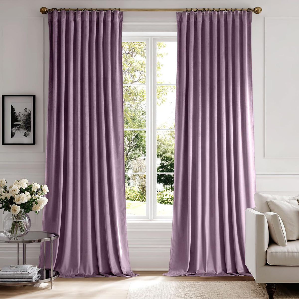 MIULEE Sage Green Velvet Pinch Pleat Blackout Curtains W52 X L108 Inches