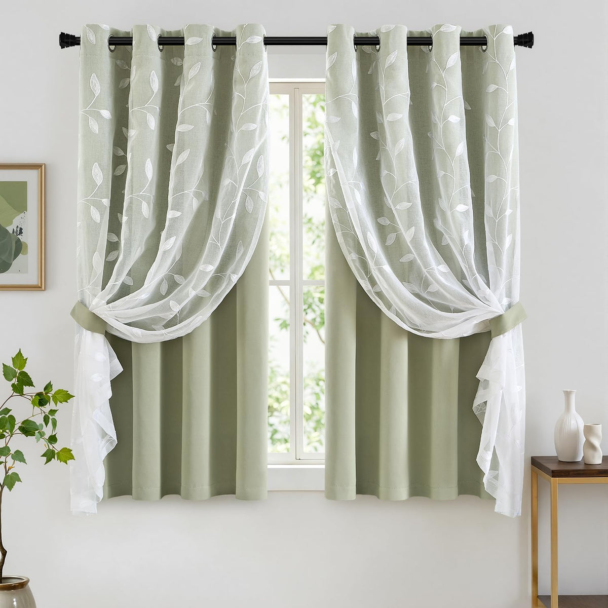 MIULEE Sage Green Double Layer Patterned Blackout Curtains 52" W x 84" L