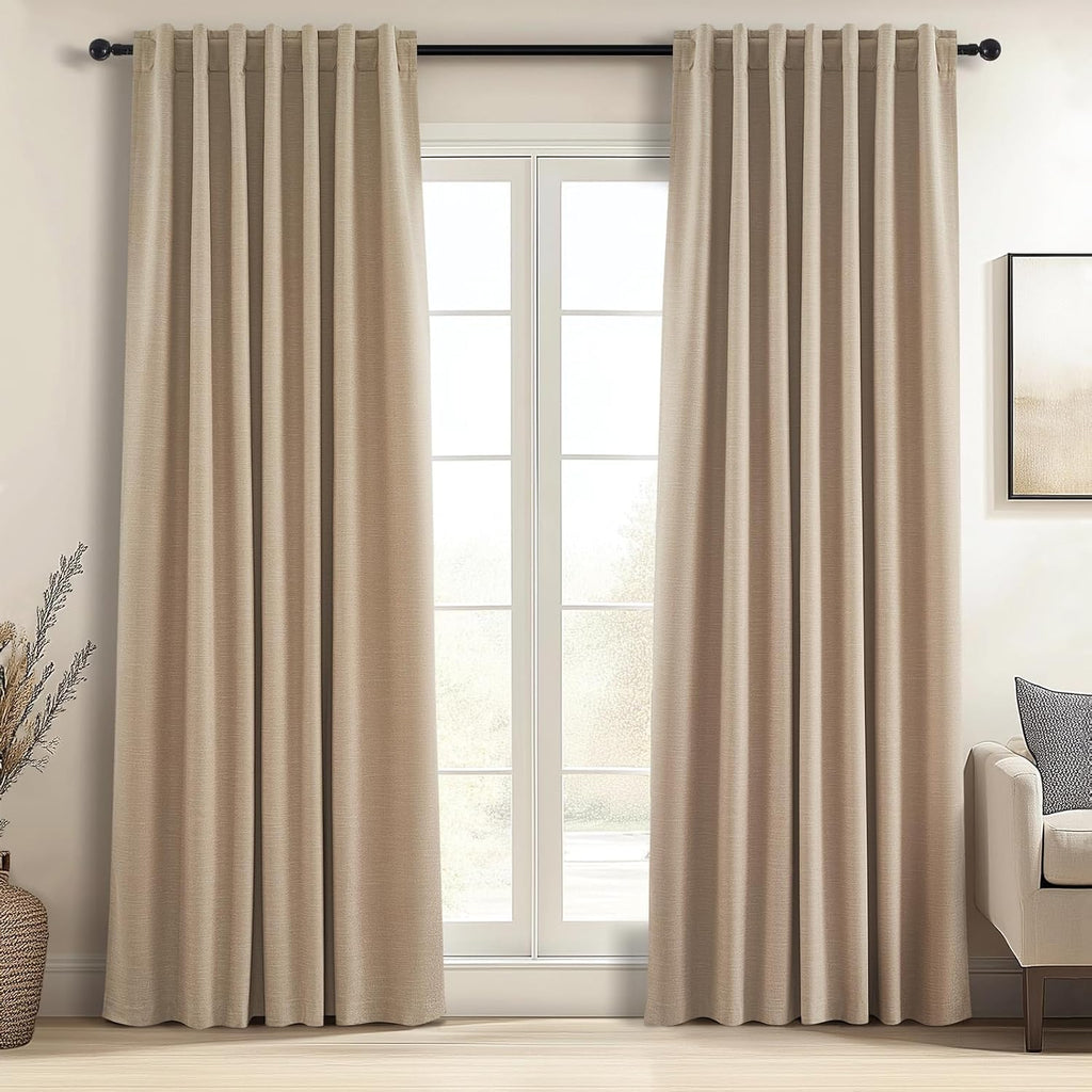 Topfinel Linen Blackout Curtains 96 Inch Long, Boho Farmhouse Ivory Birch Viral Drapes Pinch Pleated Curtains with Hooks for Living Room, Neutral 8 FT Back Tab Bedroom Curtains 52" X 96" 2 Panels