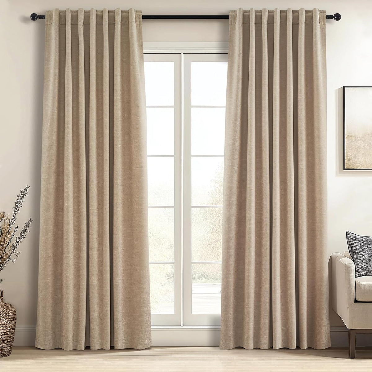 Topfinel Linen Blackout Curtains 96 Inch Long, Boho Farmhouse Ivory Birch Viral Drapes Pinch Pleated Curtains with Hooks for Living Room, Neutral 8 FT Back Tab Bedroom Curtains 52" X 96" 2 Panels