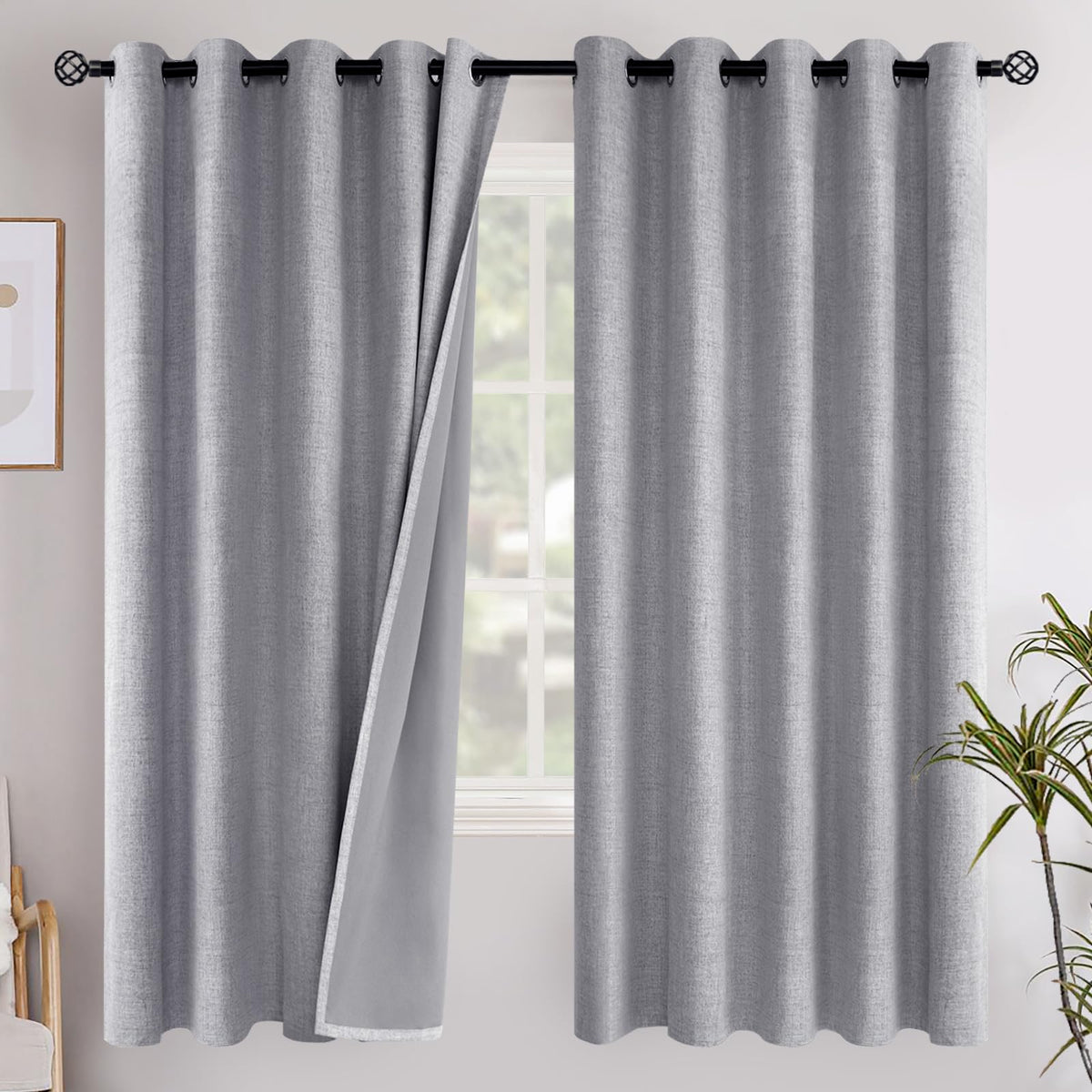 YoungsTex Linen Blackout Curtains 63 Inch Length Bedroom Beige Darkening