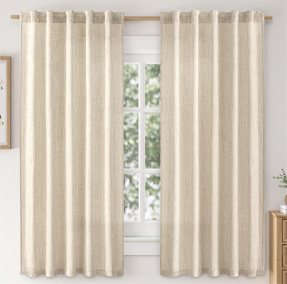 MIULEE Faux Linen Curtains 90 Inch Length 2 Panels Natural Semi Sheer Curtain with Back Tab Rod Pocket, Light Filtering Window Privacy Burlap Drapes for Living Room Bedroom 42W x 90L Linen