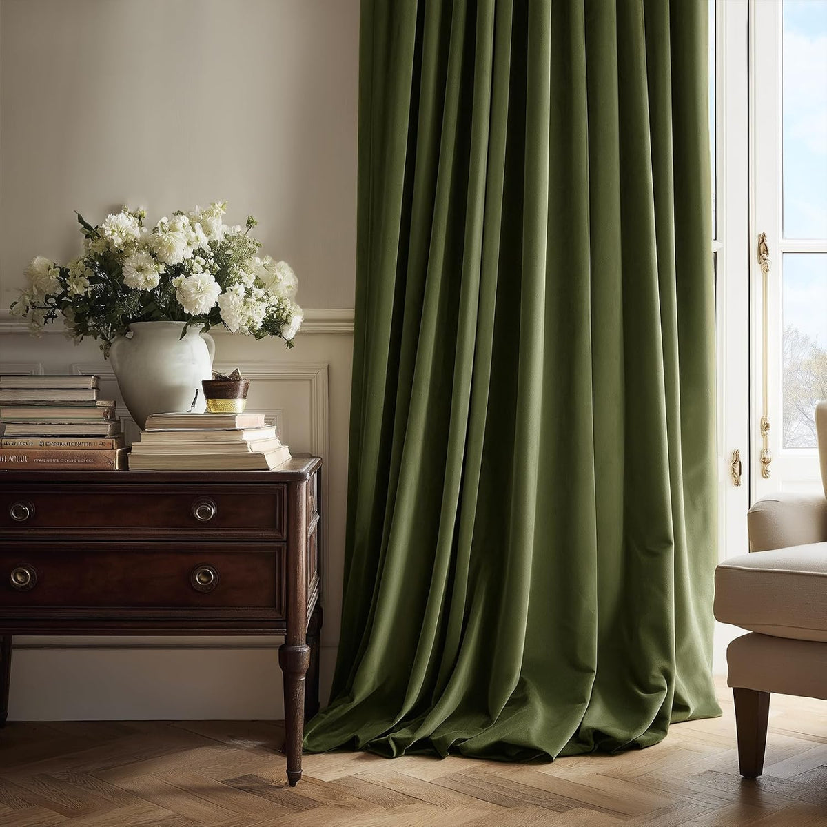 Olive Green Velvet Blackout Curtains 84 Inches 2 Panels Forest Green Elegant Vintage Pinch Pleated Drapes for Living Room Bedroom Thermal Soundproof Back Tab Window Panels,W40 x L84,Home Decor