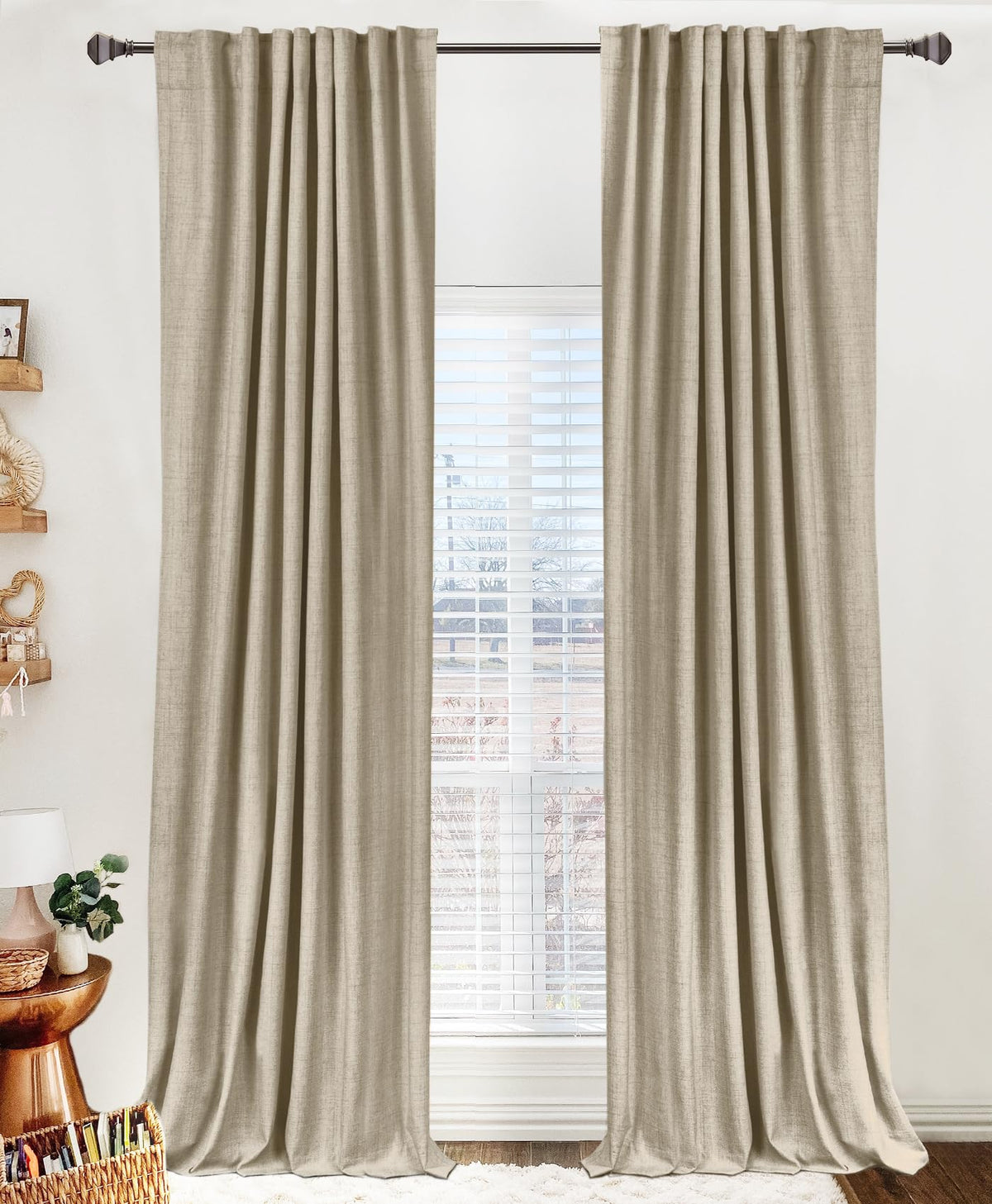 Linen Total Blackout Curtains for Bedroom Living Room 84 Inch, Cream