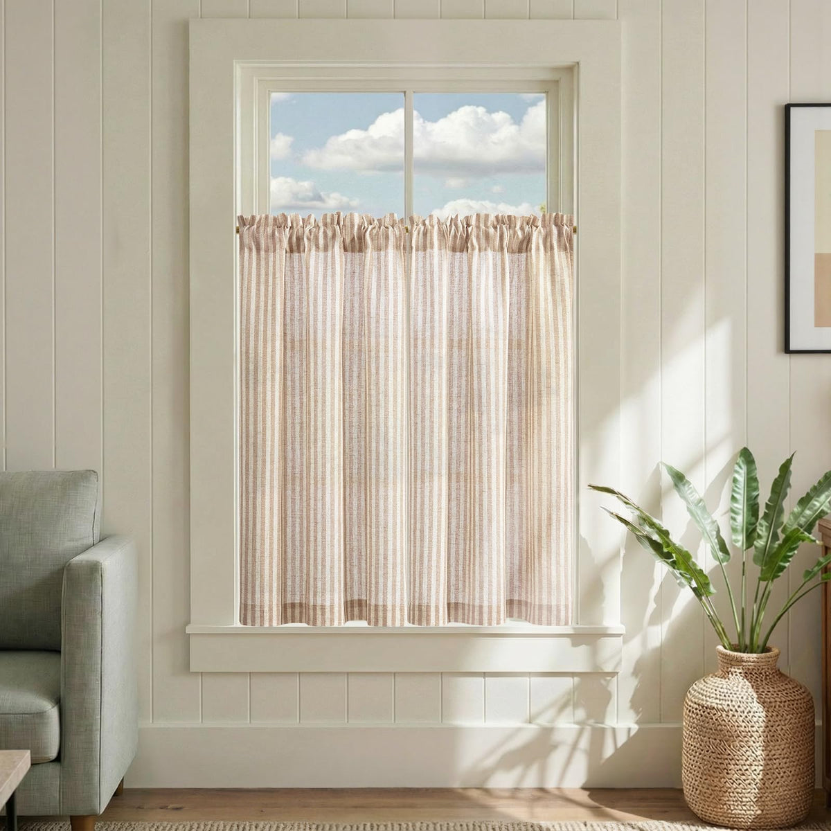 jinchan Striped Linen Kitchen Curtains 36 Inches Length Tier Curtains Farmhouse Modern Cafe Style Small Window Treatments Airy Light Filtering Rod Pocket for Living Room Bathroom 2 Panels Sage Green
