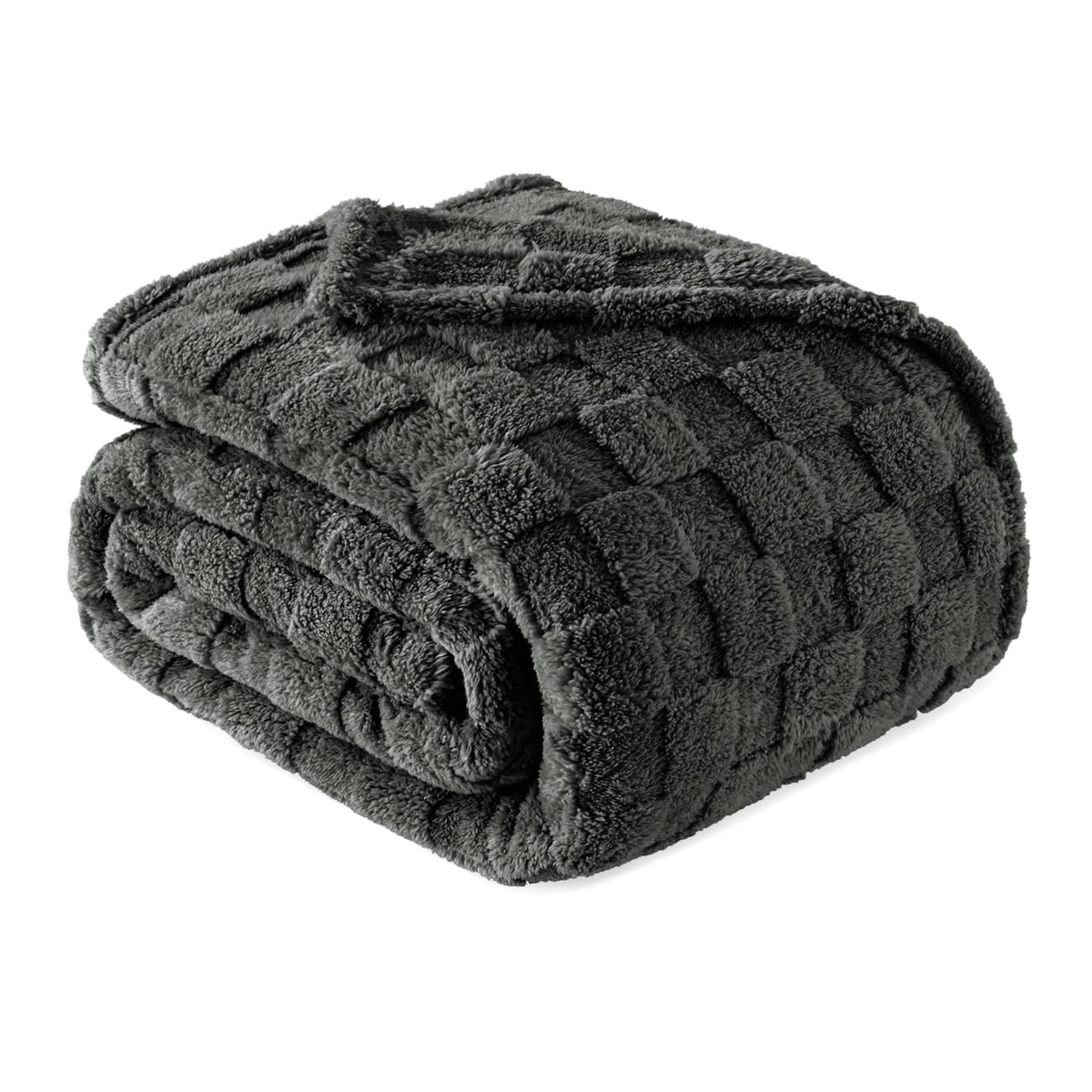 Exclusivo Mezcla 3D Checkered Fleece Throw Blanket for Couch, Ivory
