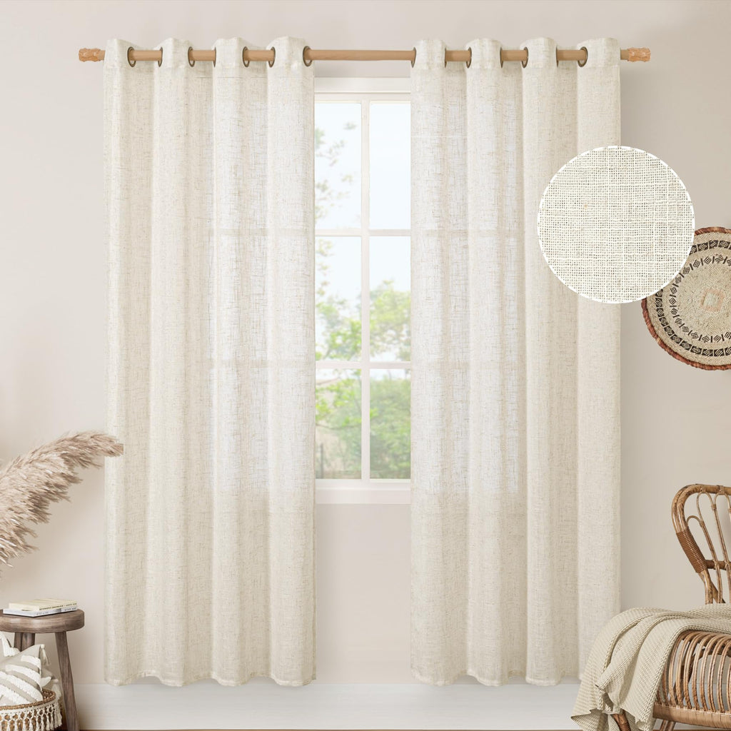 LAMIT Cream Ivory Linen Semi Sheer Curtains 84 inch Length for Bedroom