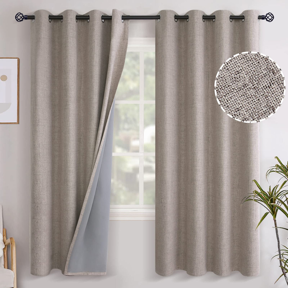YoungsTex Linen Blackout Curtains 63 Inch Length Bedroom Beige Darkening