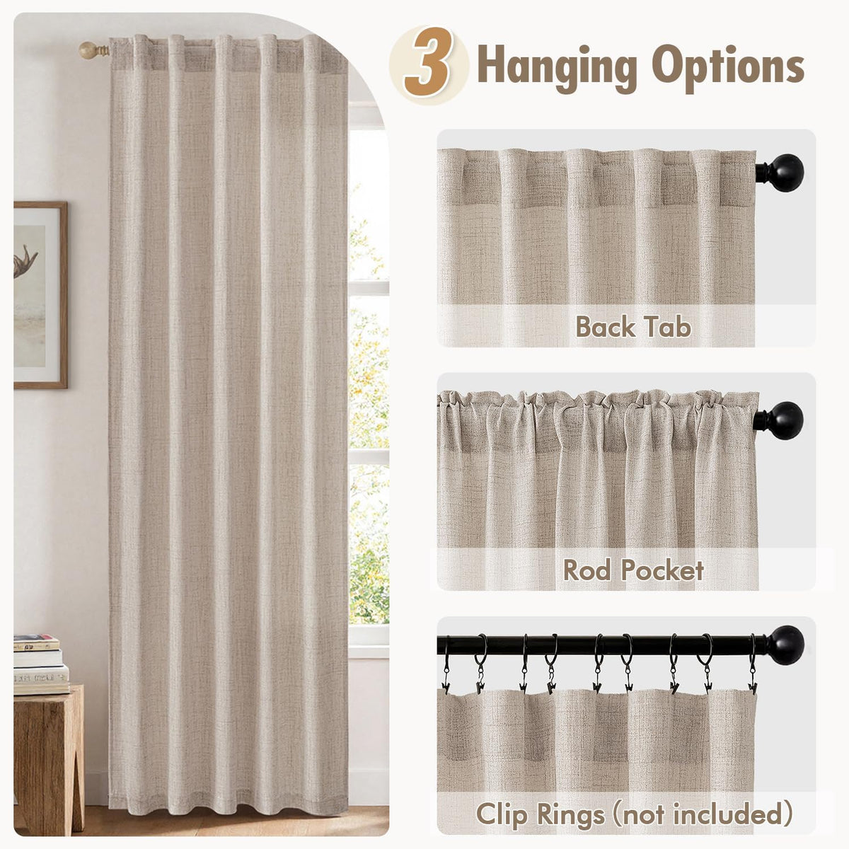 MIULEE Faux Linen Curtains 90 Inch Length 2 Panels Natural Semi Sheer Curtain with Back Tab Rod Pocket, Light Filtering Window Privacy Burlap Drapes for Living Room Bedroom 42W x 90L Linen