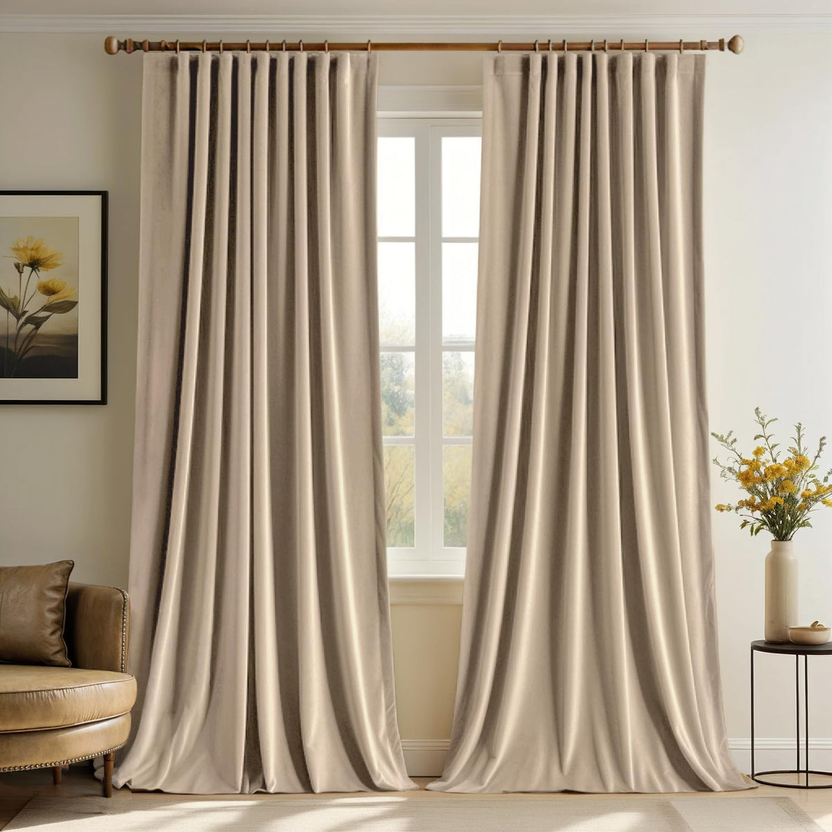 MIULEE Sage Green Velvet Pinch Pleat Blackout Curtains W52 X L108 Inches