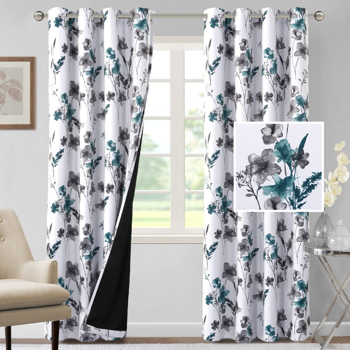 H.VERSAILTEX 100% Blackout Curtains 84 inch Length 2 Panels Set Cattleya Floral Printed Drapes Leah Floral Thermal Curtains for Bedroom with Black Liner Sound Proof Curtains, Grey and Taupe