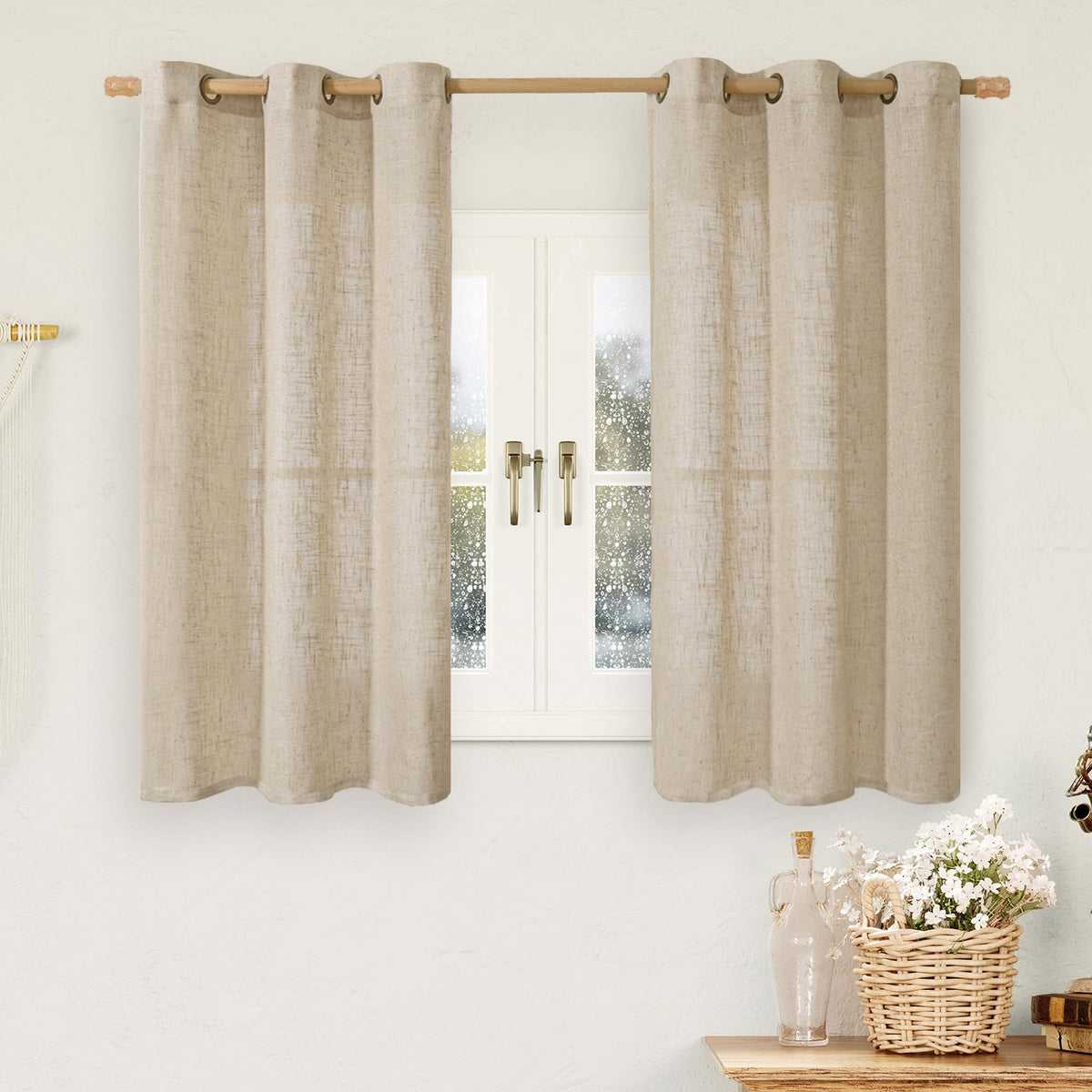 LAMIT Cream Ivory Linen Semi Sheer Curtains 84 inch Length for Bedroom
