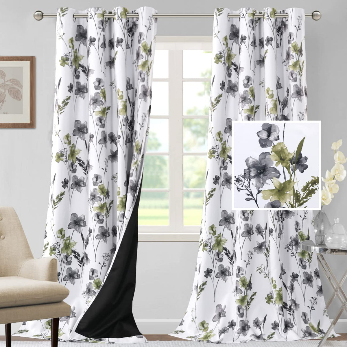 H.VERSAILTEX 100% Blackout Curtains 84 inch Length 2 Panels Set Cattleya Floral Printed Drapes Leah Floral Thermal Curtains for Bedroom with Black Liner Sound Proof Curtains, Grey and Taupe