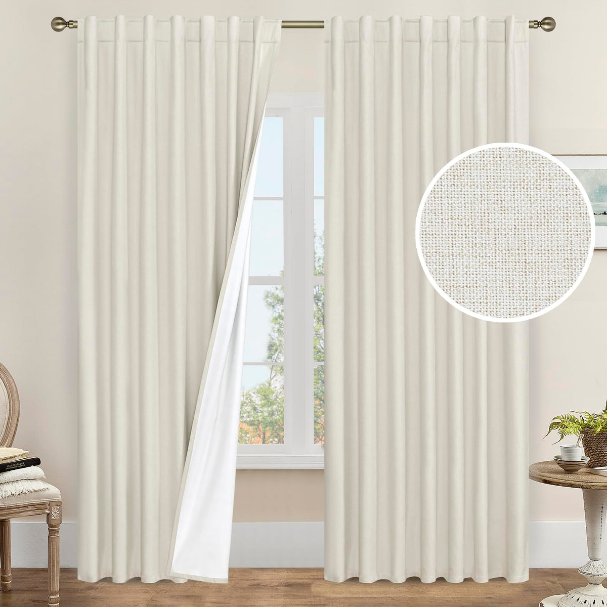 LAMIT 100% Blackout Short Linen Curtains for Cafe 40 Inch Length, Ivory
