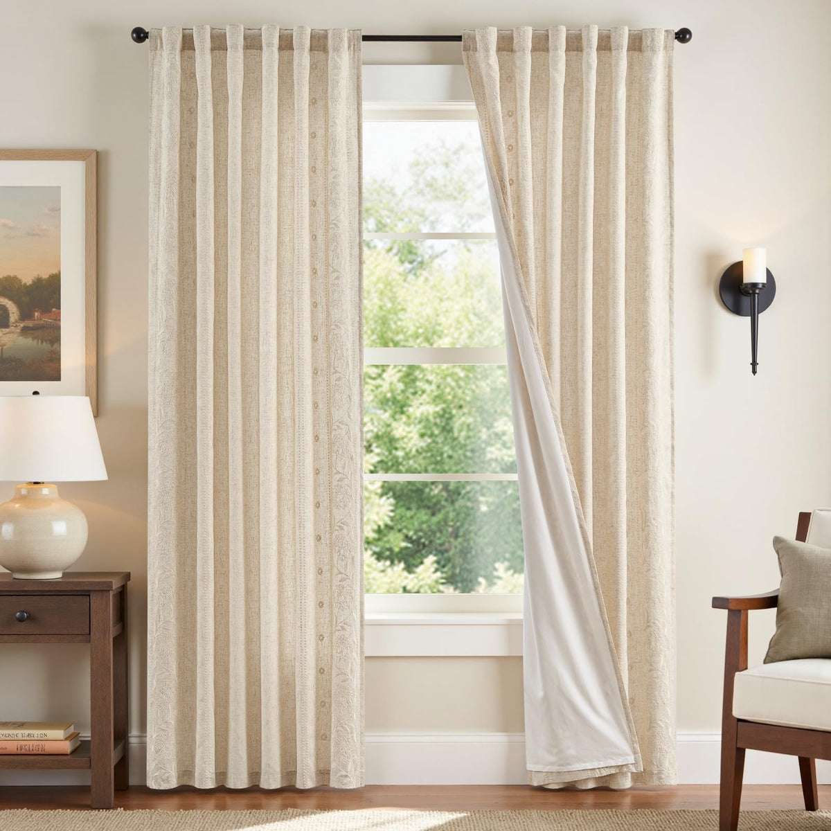 jinchan Sage Floral Linen Curtains for Living Room 84" Back Tab 2 Panels