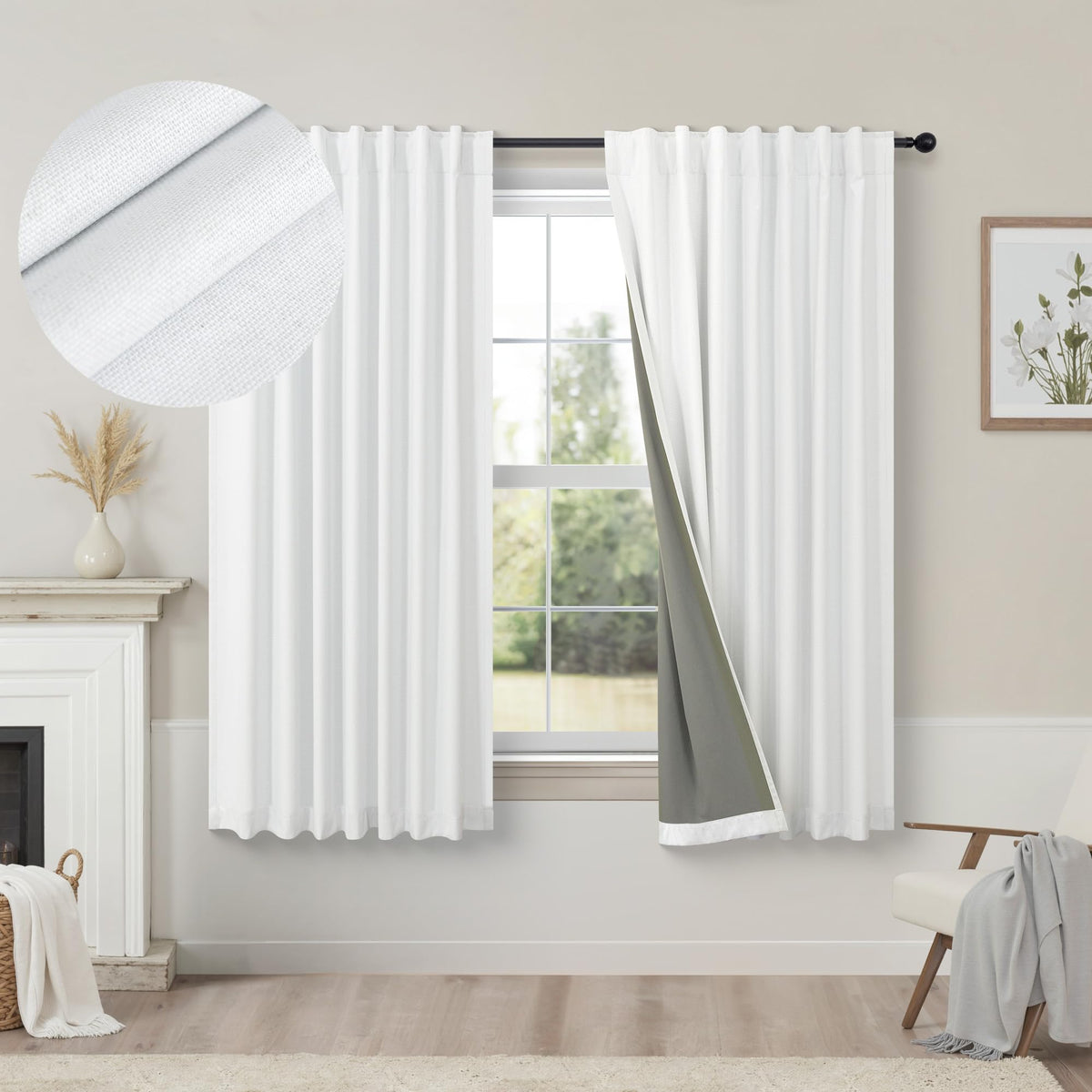 100% Blackout Curtains 84 Inch Length 2 Panels Set Neutral Boho Linen Farmhouse for Bedroom Windows Living Room Darkening Thermal Insulated Drapes Natural Cream Ivory 7ft Long Back Tab Pleated Pocket