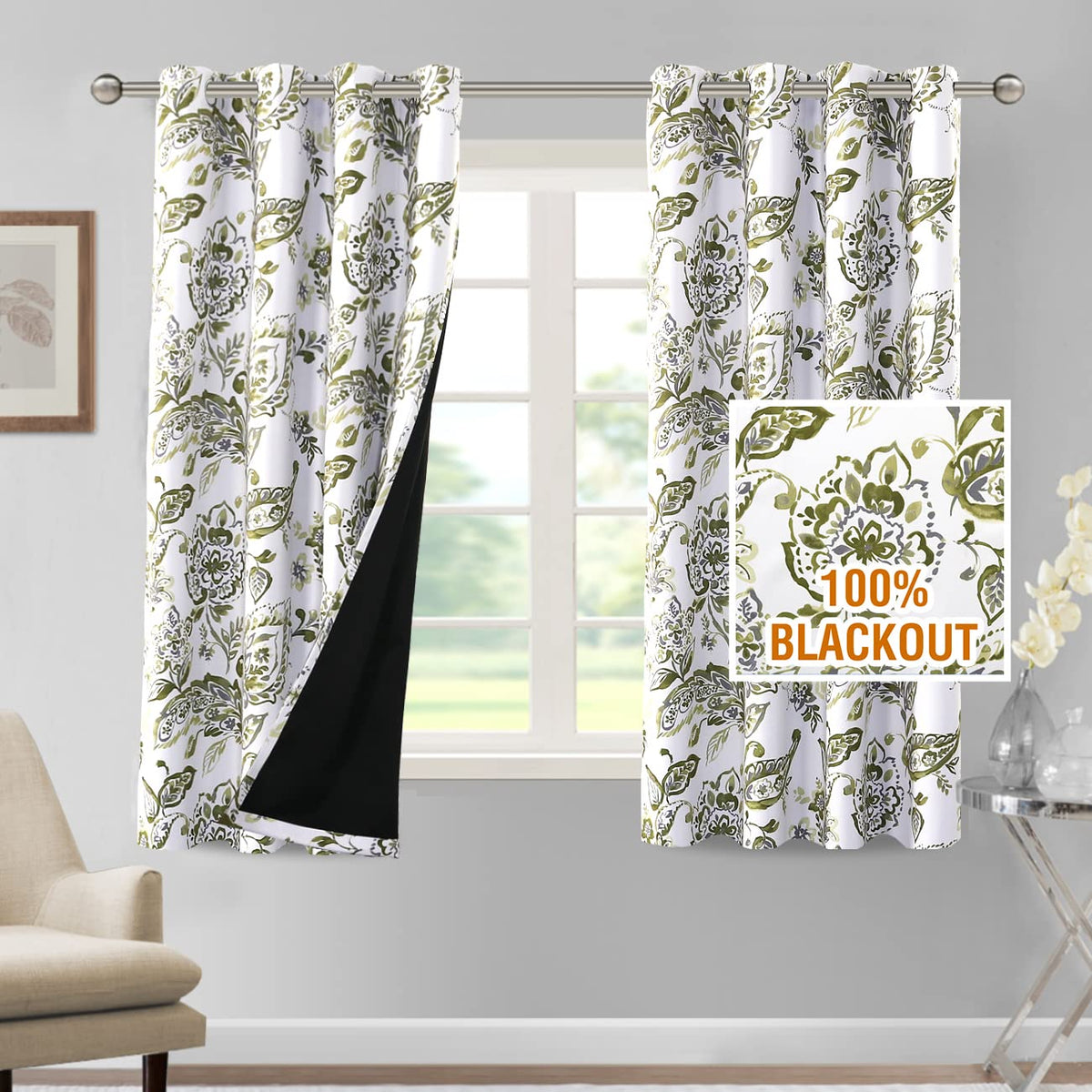 H.VERSAILTEX 100% Blackout Curtains 84 inch Length 2 Panels Set Cattleya Floral Printed Drapes Leah Floral Thermal Curtains for Bedroom with Black Liner Sound Proof Curtains, Grey and Taupe