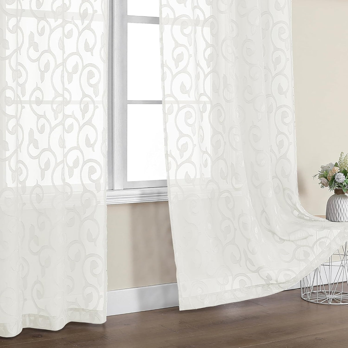 OWENIE Furman Ivory Sheer Curtains 84 inches Long for Bedroom Living Room 2 Panels Set, Jacquard Clip Light Filtering Semi Sheer Curtain Rod Pocket Window Drapes, 2 Pcs Each 40 W 84 L