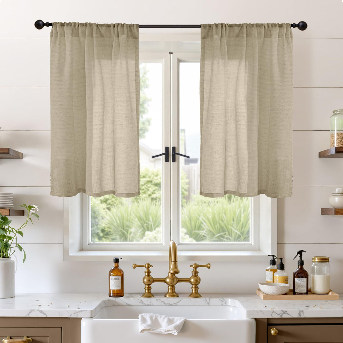 BGment Tan Linen Curtains 84 Inch Length 2 Panels Burlap Semi Sheer Drapes