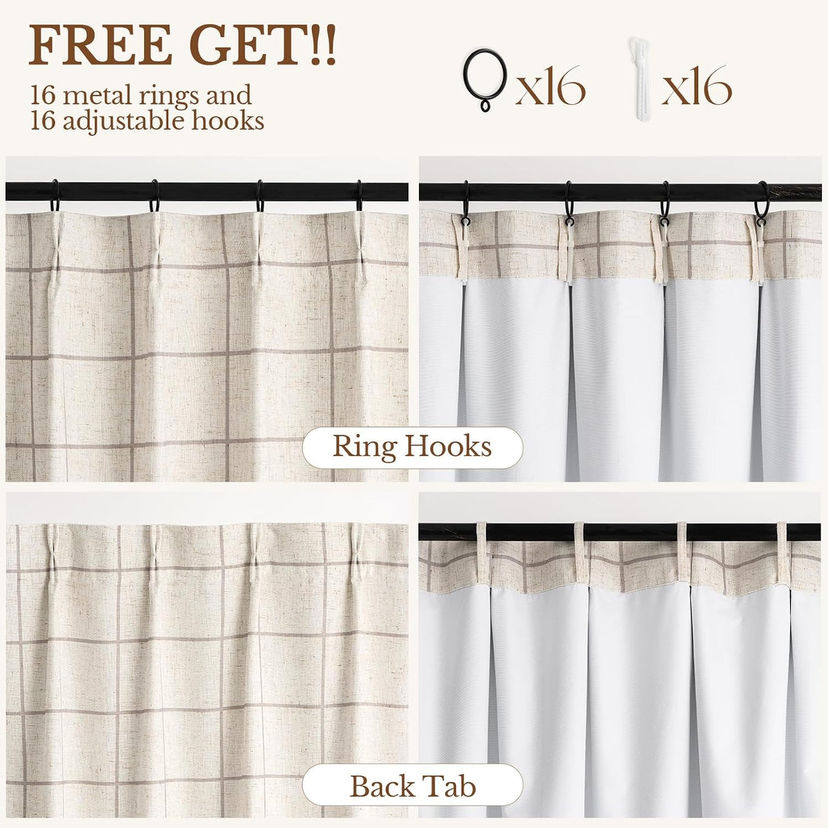 THREE GIRLS Plaid Pinch Pleated Curtains - Modern Luxury Linen Buffalo Blackout Drapes, Thermal Insulated Double Layer Window Panels for Living Room Bedroom, 120 Inches Long Brown 2 Panels Set