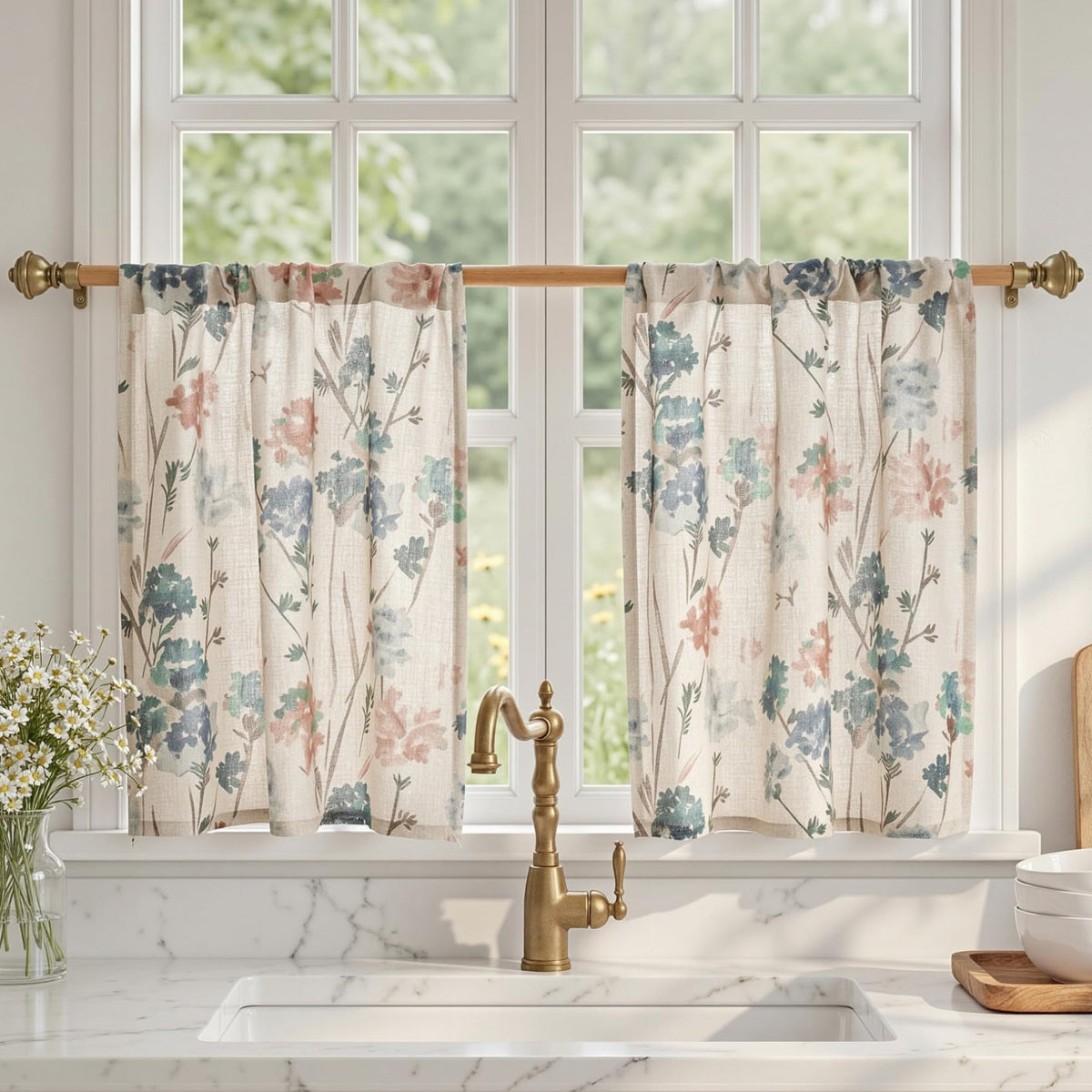 MYSKY HOME Floral Curtains 72 inch for Living Room Linen Semi Sheer Light Filtering Privacy Protect Lightweight Drapes Decor Farmhouse Soft Touch for Dining Room, Yellow, 52" Wide, 2 Panels