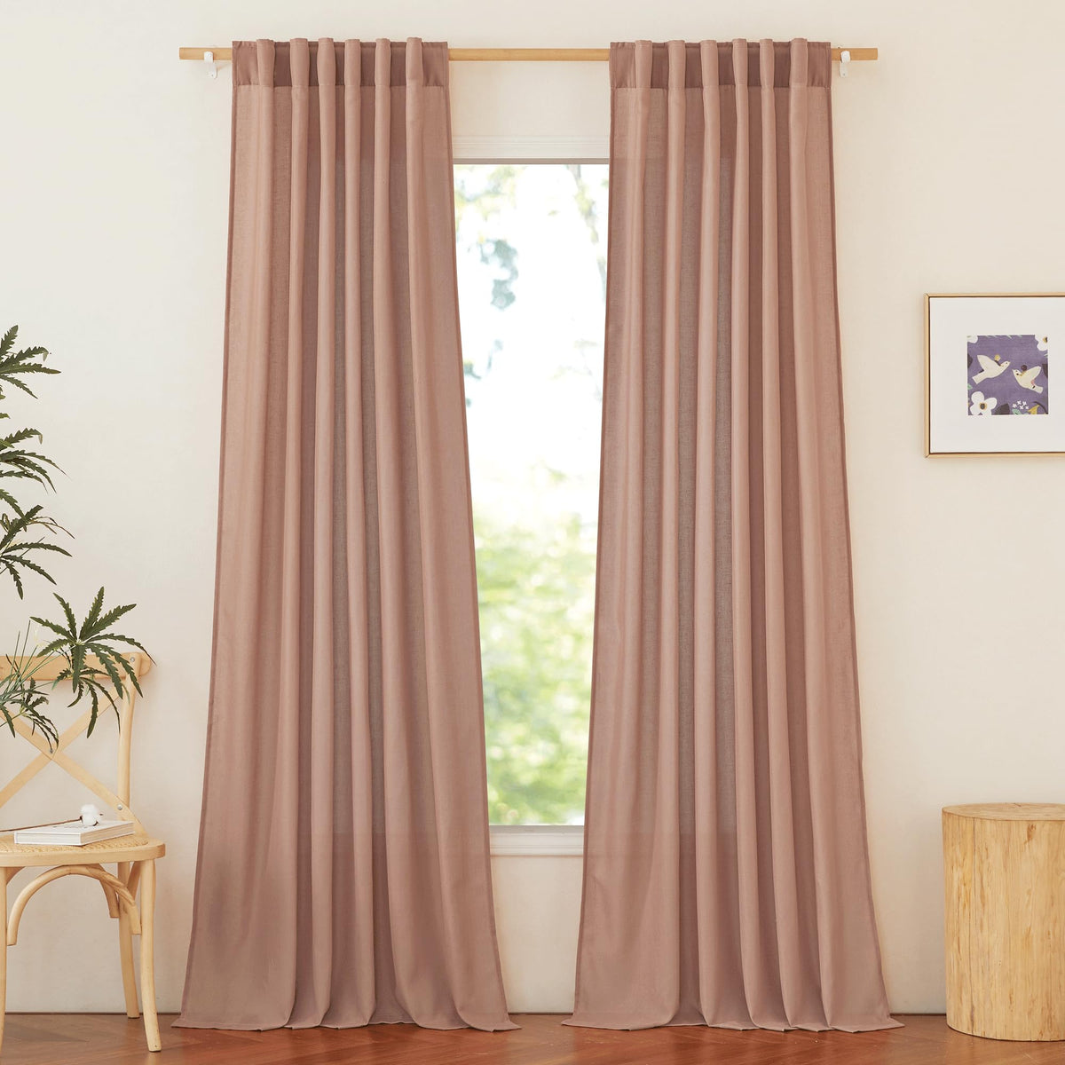 NICETOWN Flax Sheer Linen Curtains for Living Room 95 inch Long 2 Panels, Rod Pocket & Back Tab Semi Sheer Drapes Privacy Added with Light Filtering for Bedroom/Living Room, Natural, W55 x L95