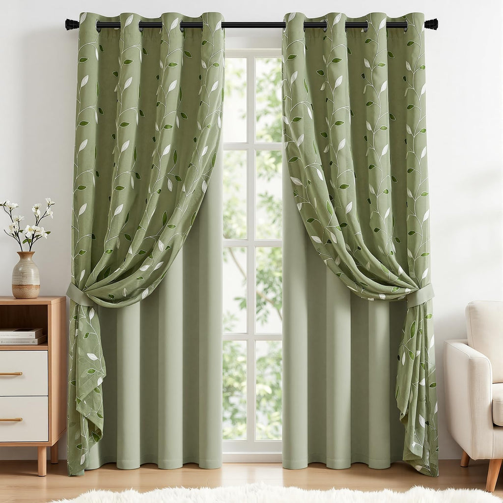MIULEE Sage Green Double Layer Patterned Blackout Curtains 52" W x 84" L