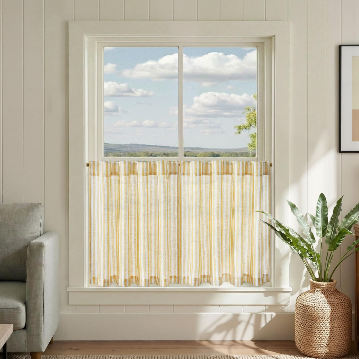 jinchan Striped Linen Kitchen Curtains 36 Inches Length Tier Curtains Farmhouse Modern Cafe Style Small Window Treatments Airy Light Filtering Rod Pocket for Living Room Bathroom 2 Panels Sage Green