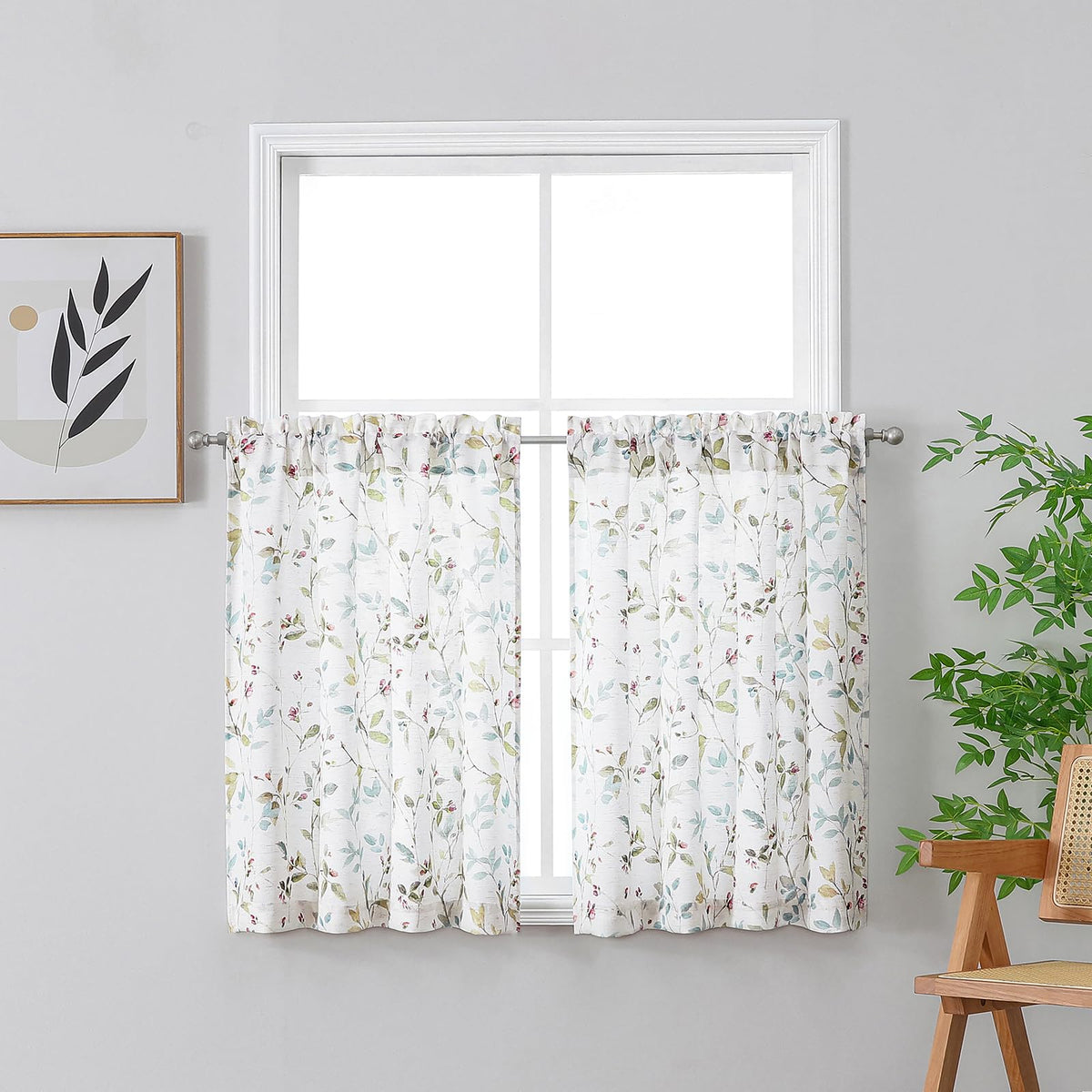 Chyhomenyc Roman Linen Blend Curtains 45 Inch Length 2 Panels, Light Filtering Soft Airy Leaf Floral Printed Rod Pocket Textured Window Treatment Drapes for Living Room Bedroom, 38Wx45L Inch, 2 PCS