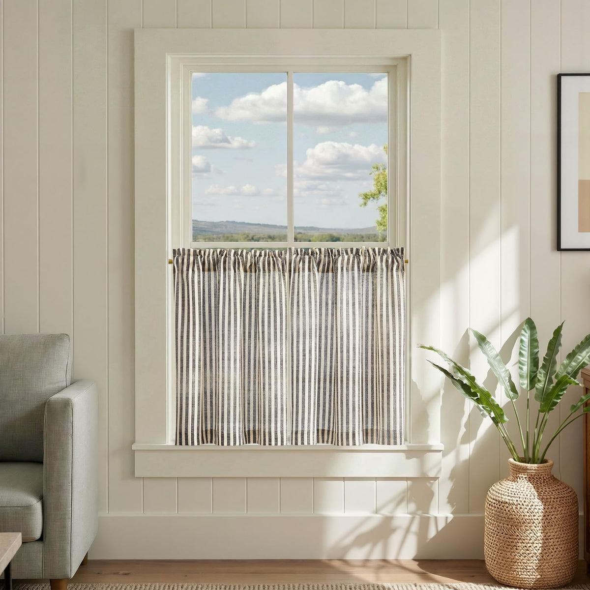 jinchan Striped Linen Kitchen Curtains 36 Inches Length Tier Curtains Farmhouse Modern Cafe Style Small Window Treatments Airy Light Filtering Rod Pocket for Living Room Bathroom 2 Panels Sage Green