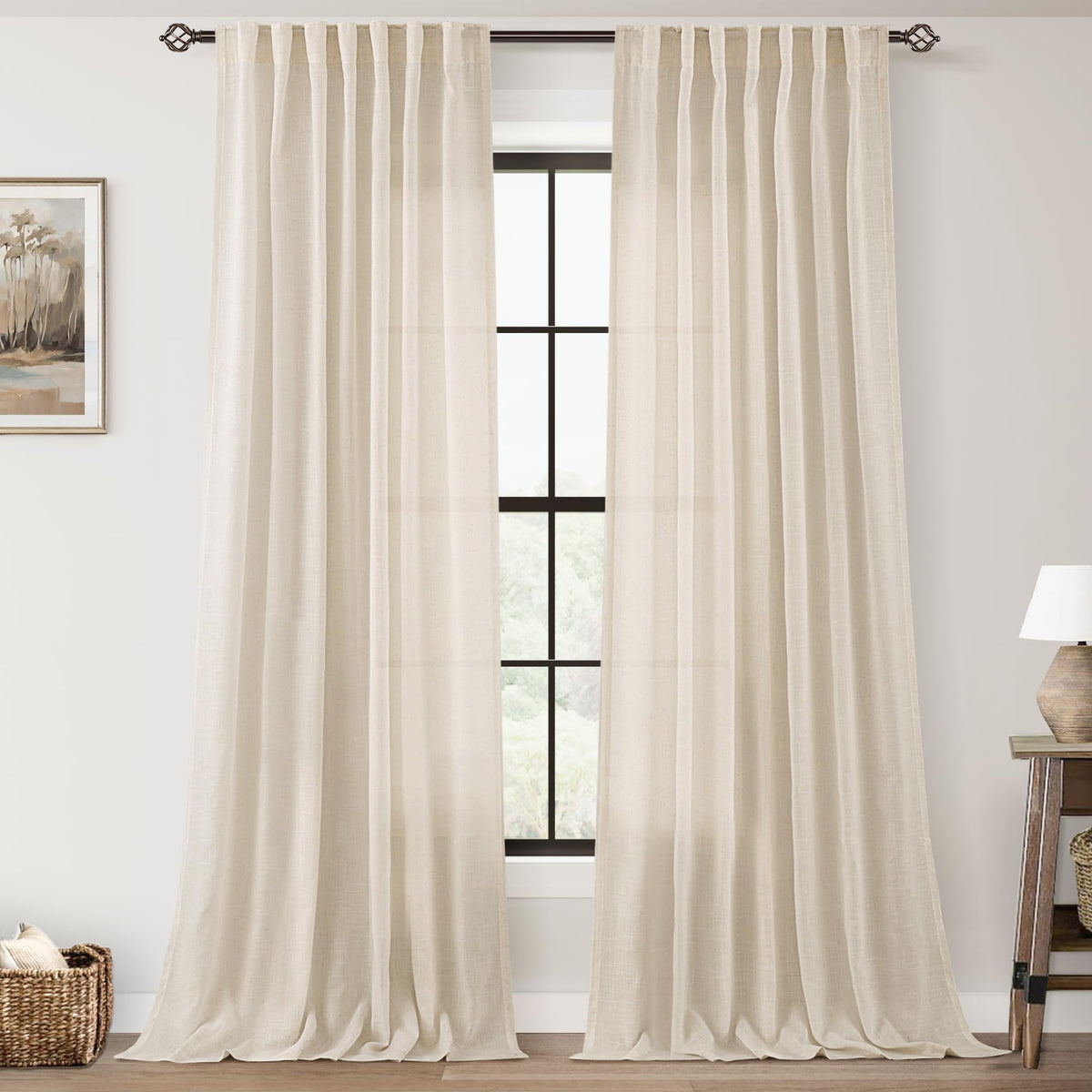 96 inch Long Linen Curtains 2 Panels for Living Room Back Tab Cream Ivory Light Filtering Semi Sheer Curtain 96 inches Long Boho Farmhouse Rustic Linen Drapes Floor to Ceiling Length 8 FT