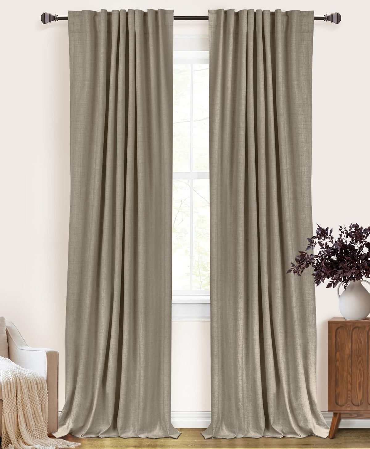 Linen Total Blackout Curtains for Bedroom Living Room 84 Inch, Cream