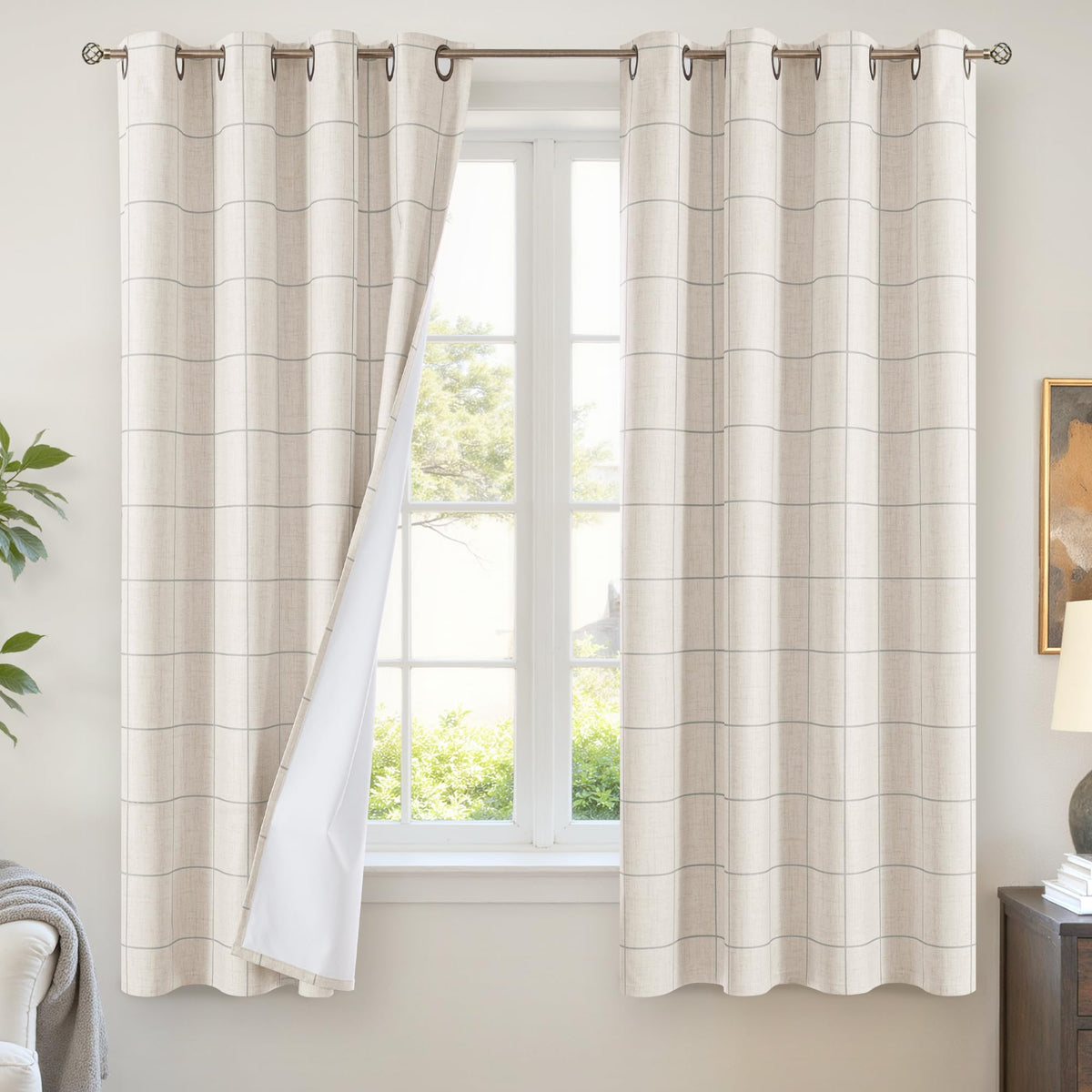 Lajode Linen Blackout Curtains - Boho Plaid 52x84 Inch 2 Panels, Natural