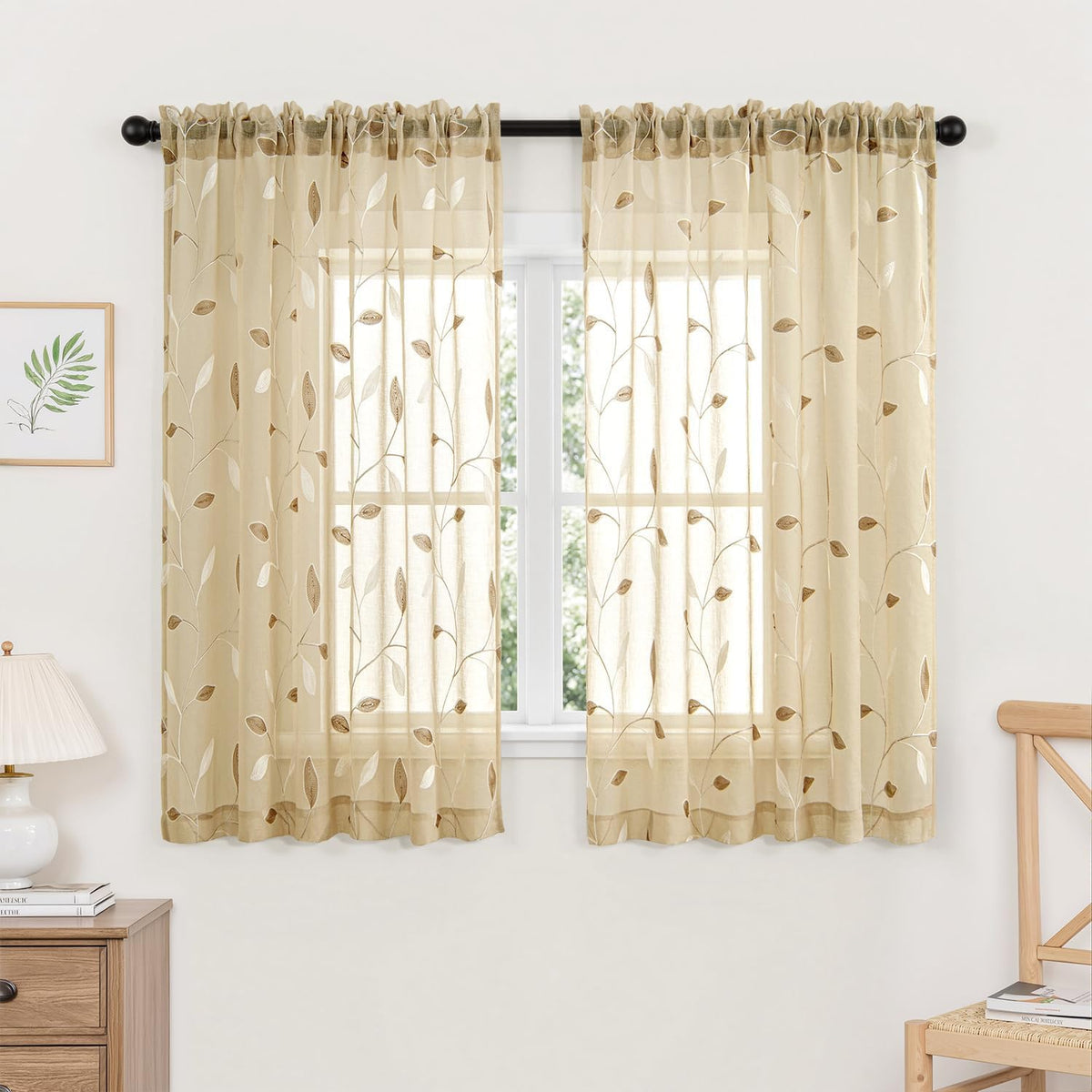 MIULEE Sage Green Sheer Curtains 2 Panels Leaf Patterned, W52 x L84
