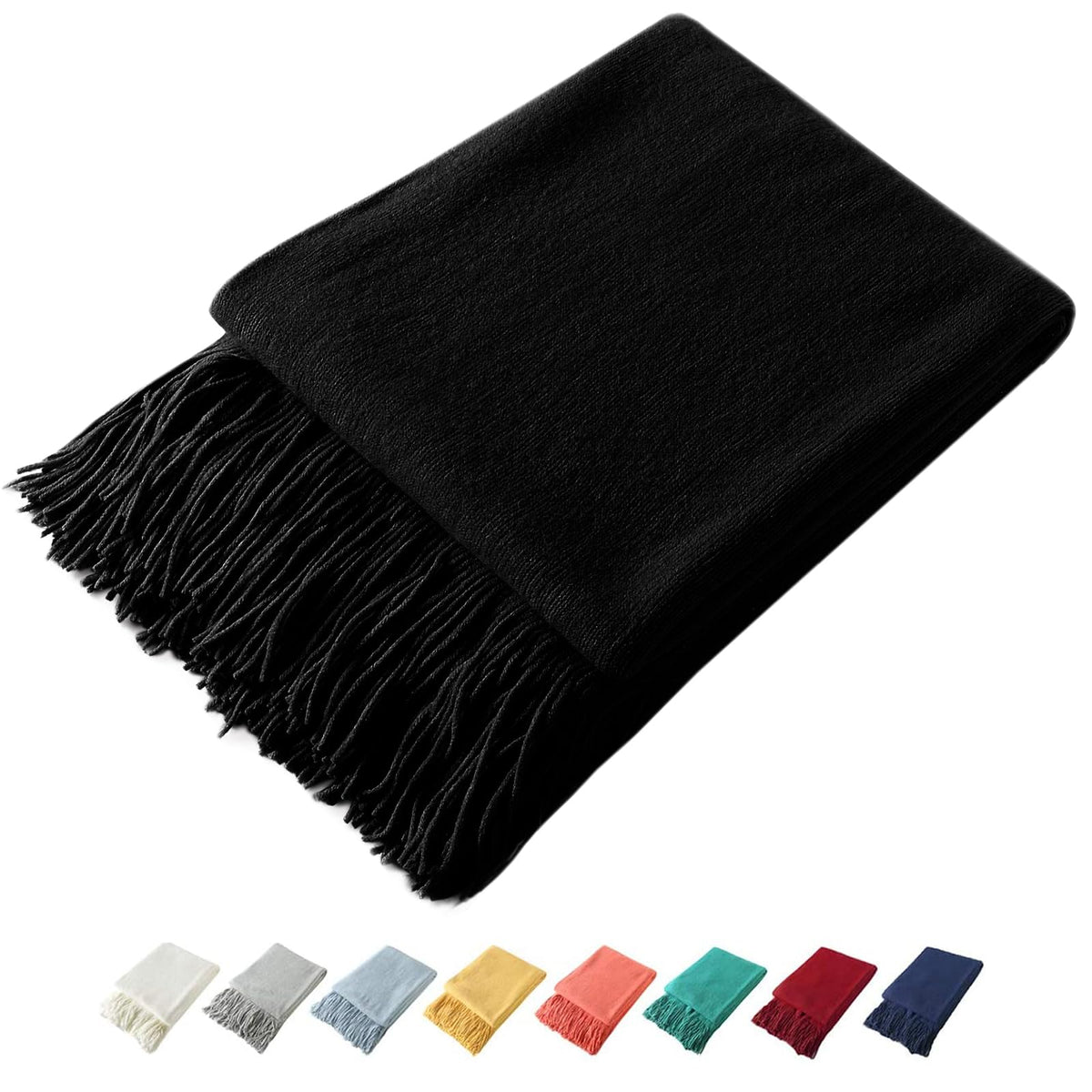 Homiest Pale Blue Knitted Throw Blanket with Fringe, 50x60 Inch
