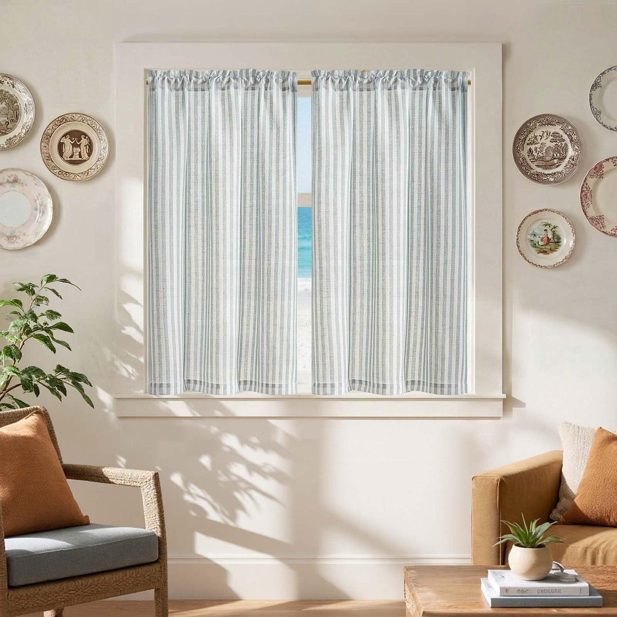 jinchan Striped Linen Kitchen Curtains 36 Inches Length Tier Curtains Farmhouse Modern Cafe Style Small Window Treatments Airy Light Filtering Rod Pocket for Living Room Bathroom 2 Panels Sage Green