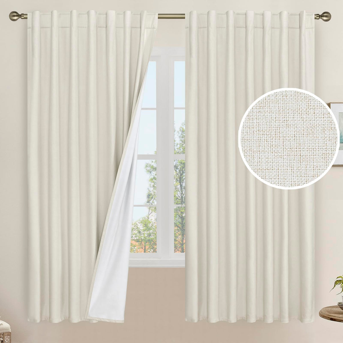 LAMIT 100% Blackout Short Linen Curtains for Cafe 40 Inch Length, Ivory