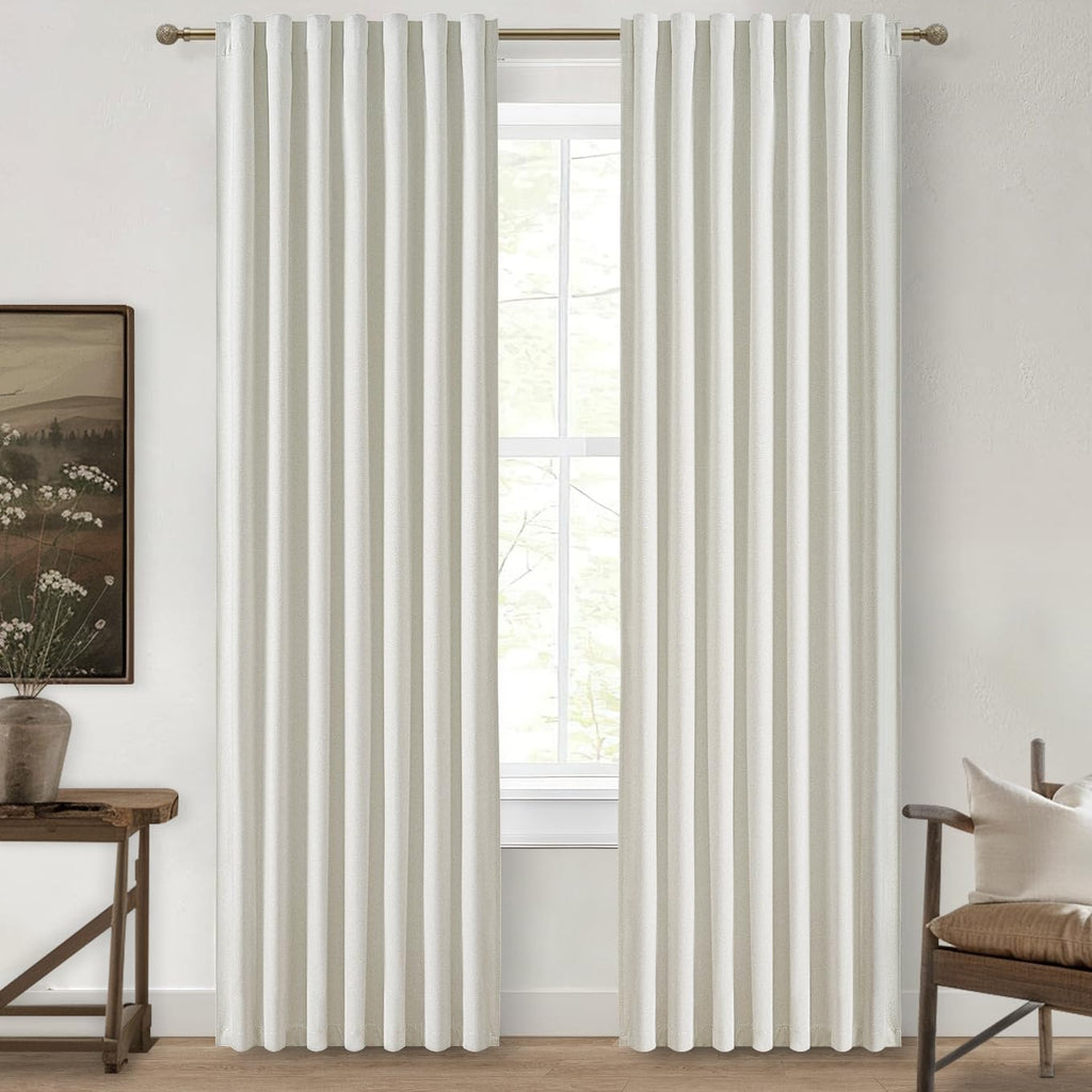 100% Blackout Curtains 84 Inch Length 2 Panels Set Farmhouse Style for Bedroom Windows/Living Room Thermal Insulated Neutral Boho Drapes Linen Blend Natural Ivory 7ft Long Hook Belt Pleated/Back Tab