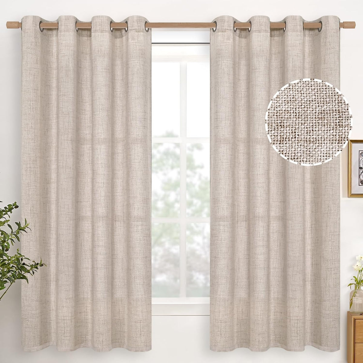YoungsTex Linen Semi Sheer Curtains 63 Inch Length, Light Filtering Drapes
