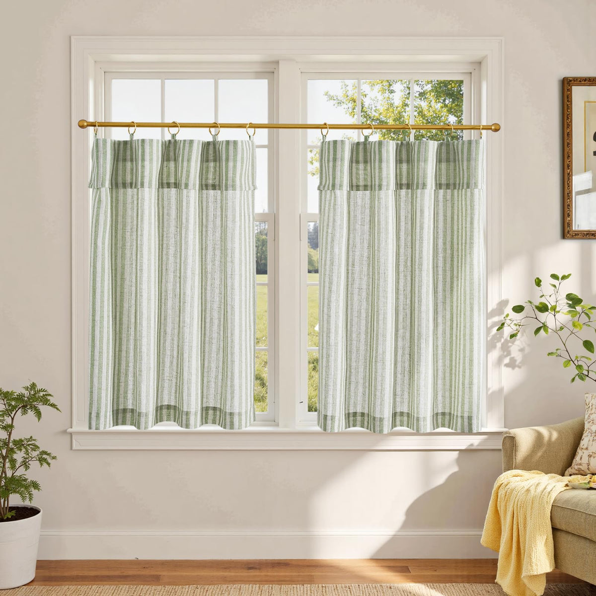 jinchan Striped Linen Kitchen Curtains 36 Inches Length Tier Curtains Farmhouse Modern Cafe Style Small Window Treatments Airy Light Filtering Rod Pocket for Living Room Bathroom 2 Panels Sage Green
