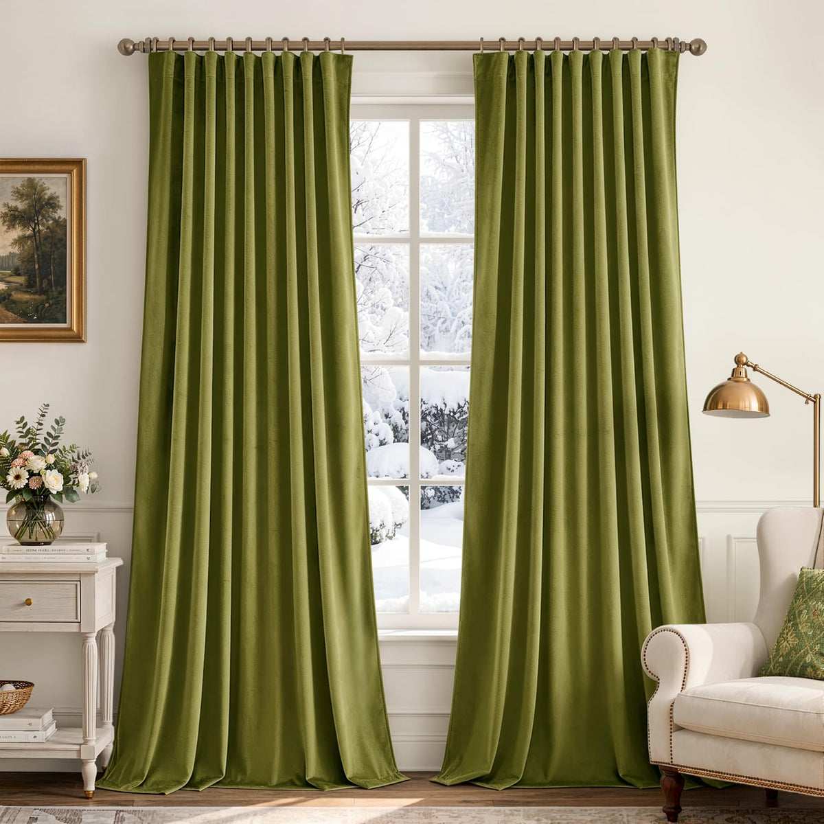 MIULEE Sage Green Velvet Pinch Pleat Blackout Curtains W52 X L108 Inches