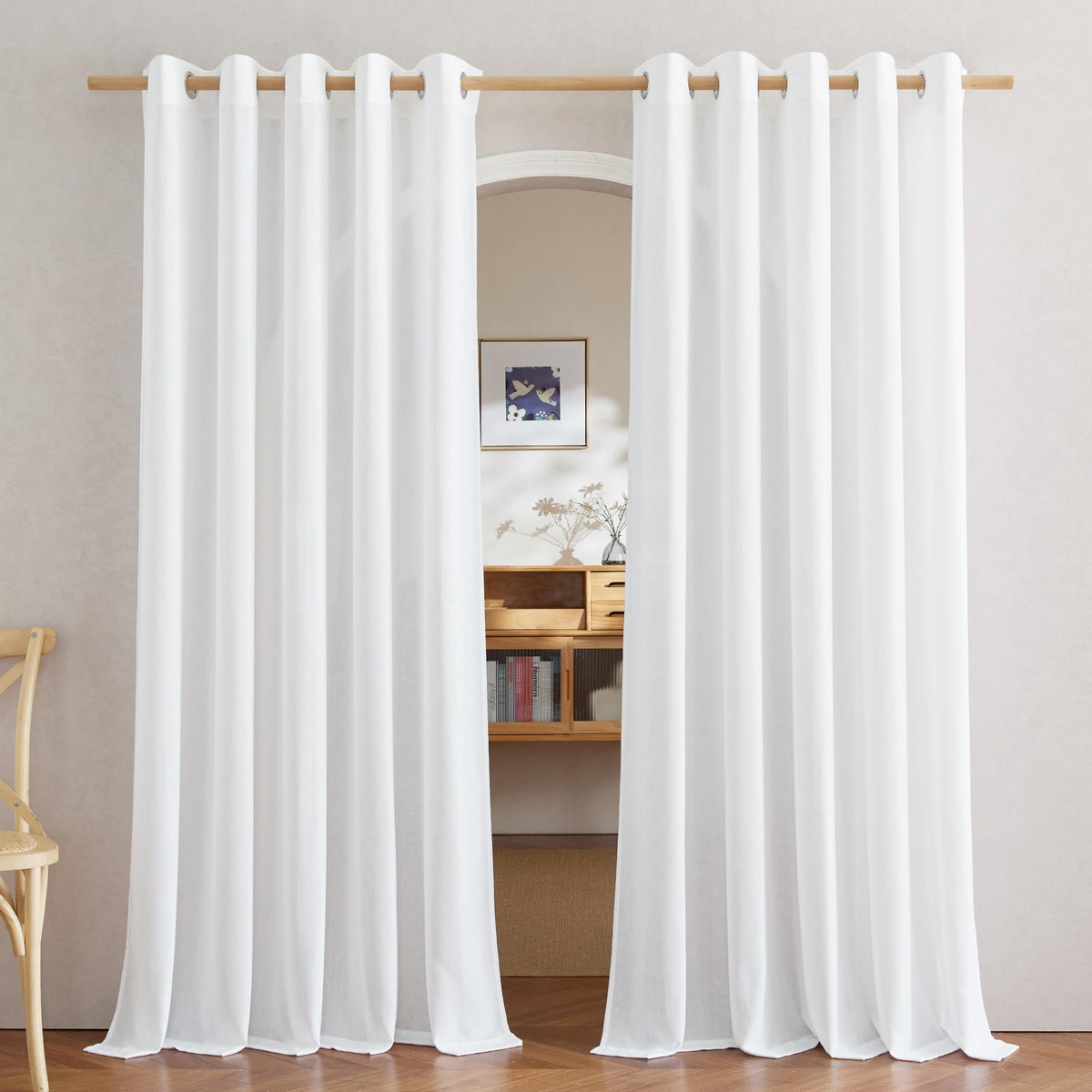 NICETOWN Natural Linen Curtains 84 inch Long 2 Panels Set, Grommet Top Thick Linen Burlap Semi Sheer Vertical Drapes Privacy Assured with Light Filtering for Bedroom/Living Room, W55 x L84