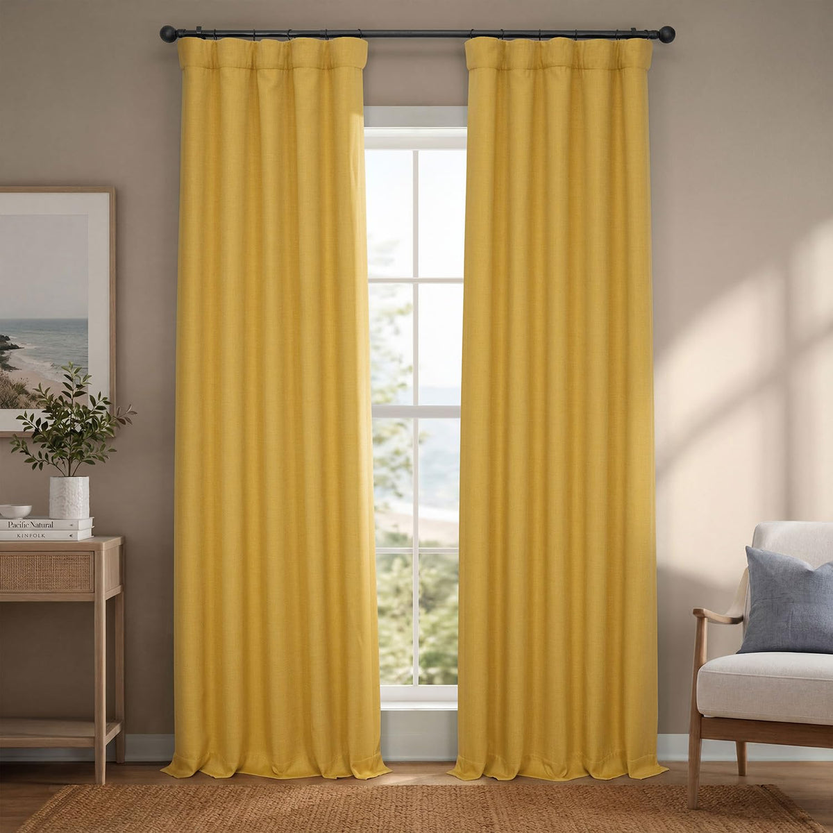 Faux Linen Curtains for Living Room (1 Panel) - 50W X 96L, Birch Taupe
