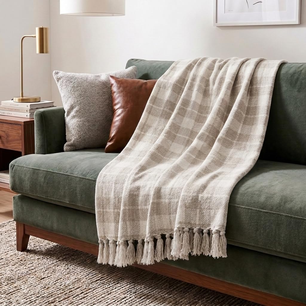 Americanflat 50x60 Throw Blanket - Soft and Breathable Cotton Throw Blanket for Couch, Bed, Chair - Decorative Blankets Perfect for Home, Office, or Outdoor Use - Cream Herringbone Design