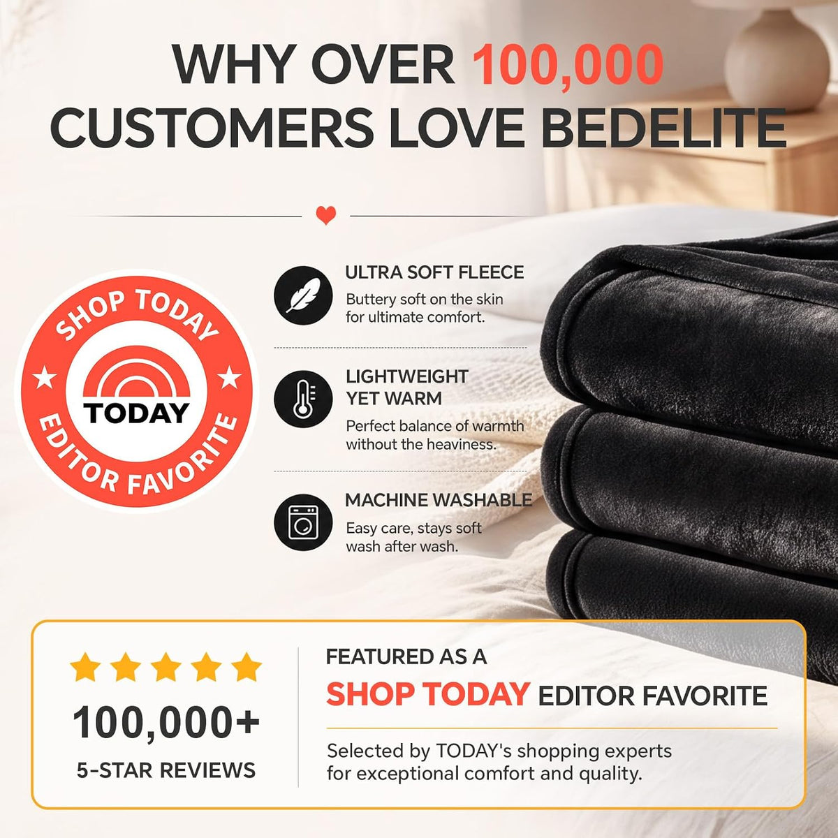 BEDELITE Fleece Blanket Soft Plush Throw for Couch Black 50"x60"