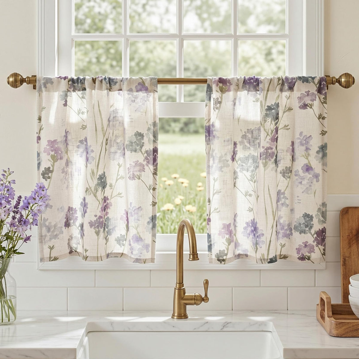 MYSKY HOME Floral Curtains 72 inch for Living Room Linen Semi Sheer Light Filtering Privacy Protect Lightweight Drapes Decor Farmhouse Soft Touch for Dining Room, Yellow, 52" Wide, 2 Panels