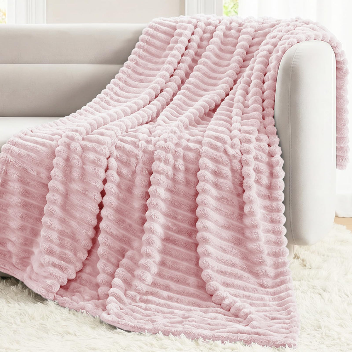 CozyLux Black Throw Blanket for Couch, Ribbed Fleece, 50 x 60 Inch