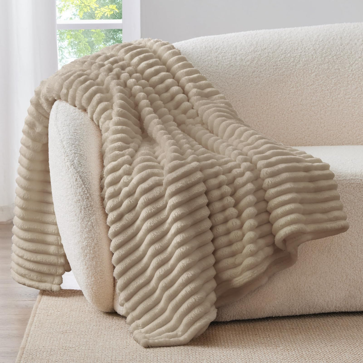 BEDELITE Ribbed Fleece Throw Blanket for Couch, Cream, 50"x60"