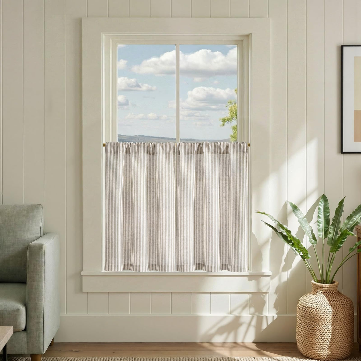 jinchan Striped Linen Kitchen Curtains 36 Inches Length Tier Curtains Farmhouse Modern Cafe Style Small Window Treatments Airy Light Filtering Rod Pocket for Living Room Bathroom 2 Panels Sage Green